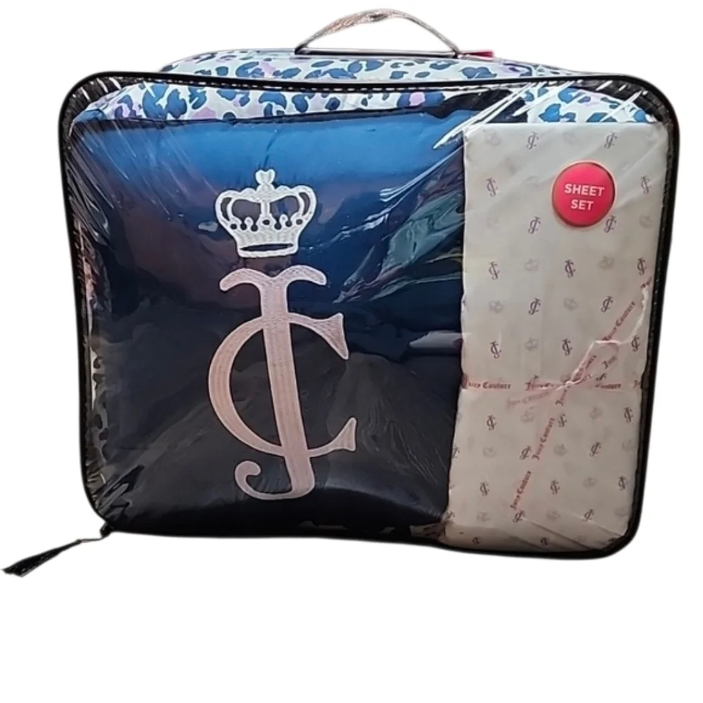 Juicy Couture 8 Piece Queen Comforter Bed Set Leopard Print White & Blue - New